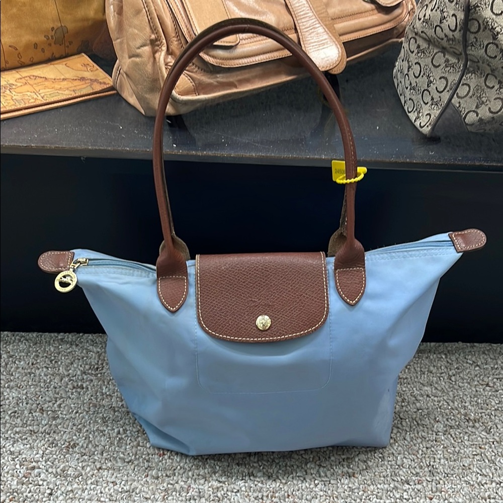 Longchamp prior authenticated Blue and Brown Tote with Leather Trim